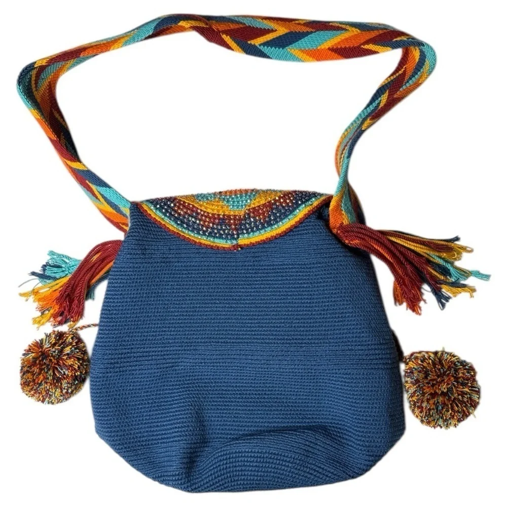 Wayuu Crystal Medallion Crochet Pom Pom Bag Flap Top